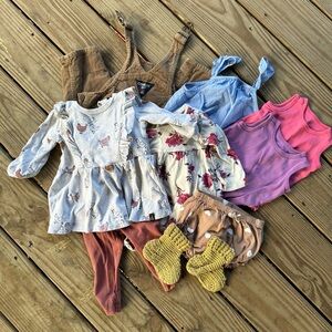 Baby Girl Clothing Bundle • 6-12M • Natural Linens • Dresses, Rompers, Overalls